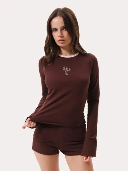 Komplet do domu z haftem: longsleeve i szorty - Czekoladowy