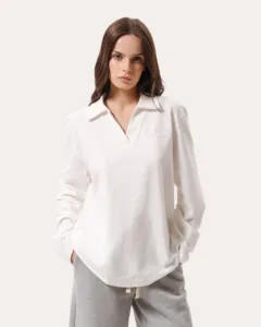 Longsleeve oversize polo z haftem - Mleczny