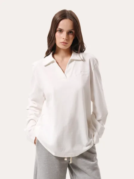 Longsleeve oversize polo z haftem - Mleczny
