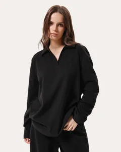 Longsleeve polo oversize z haftem - Czarny
