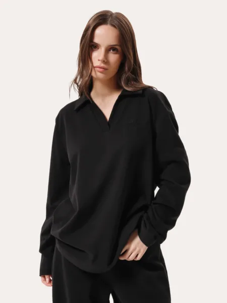 Longsleeve polo oversize z haftem - Czarny
