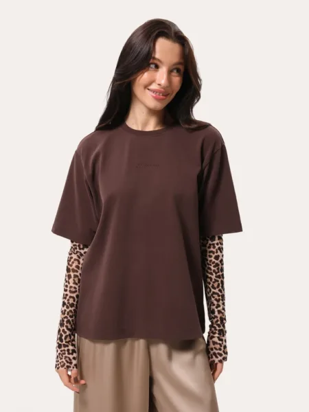 Longsleeve oversize z rękawami w panterkę - Brązowy