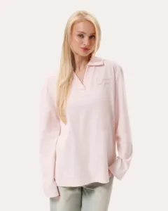 Longsleeve polo oversize z haftem - Różowy