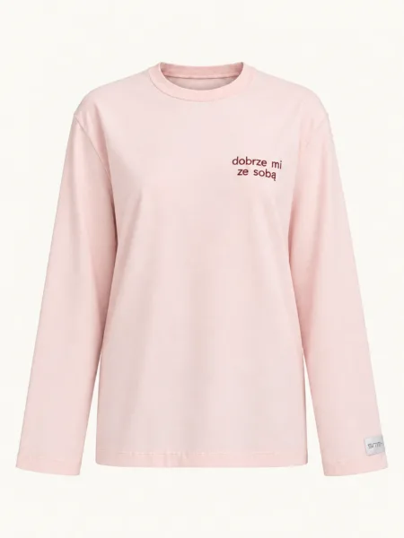 Longsleeve oversize z haftem „dobrze mi ze sobą” — różowy